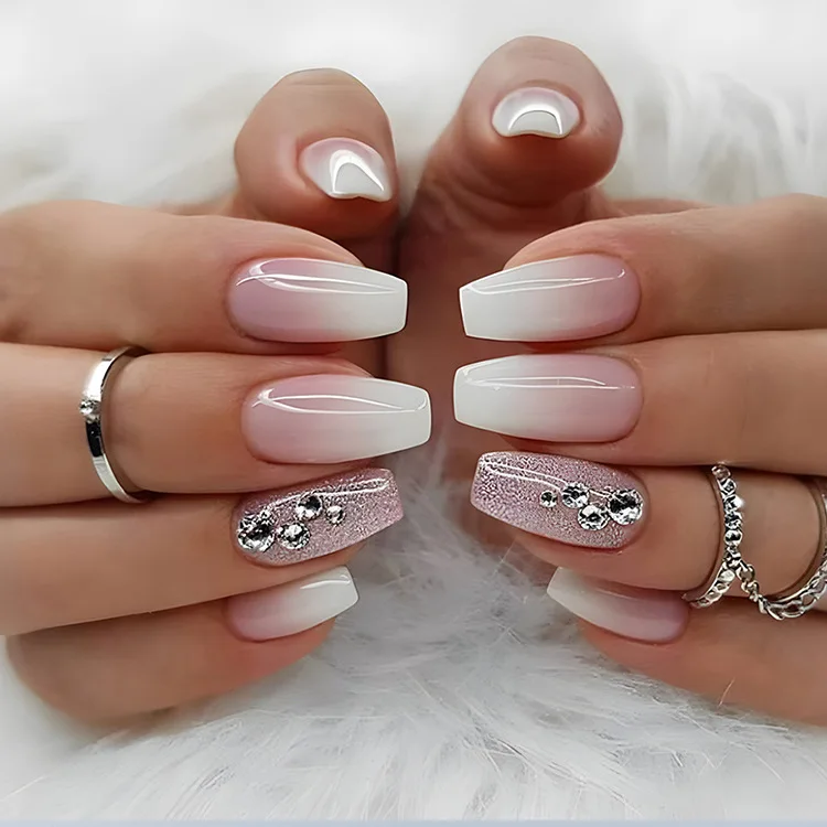 Nail Artificial Short Tips Diamond Press on Nails Full Cover Fake French Nails Set