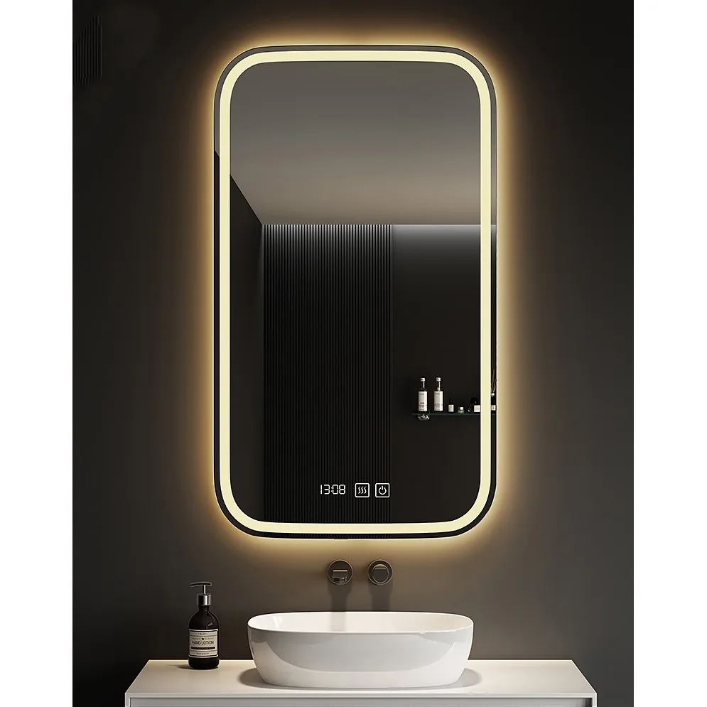 Custom Fancy Smart Led Waterproof Rectangle Wall-mounted Mirrors Hotel LED Bathroom Mirrors with Time for Hotel