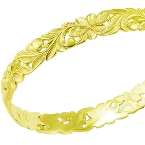 Custom Manufacturer Gold Plated Hawaiian Engraved Plumeria Scroll Bangle