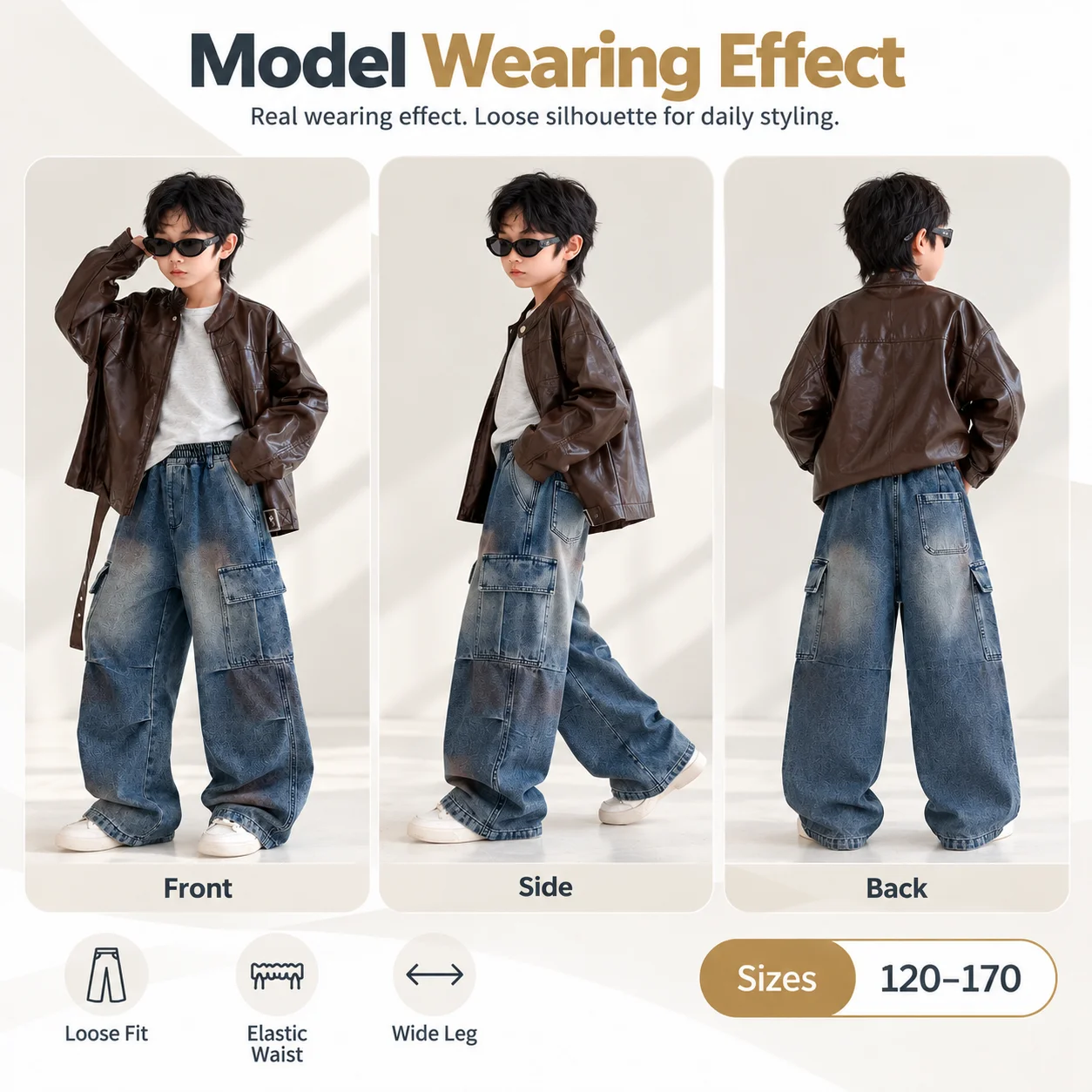 Autumn Teenager Boy Washed Blue Cargo Jeans for 5-15Y