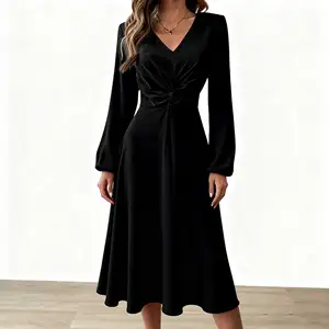 In-stock Customizable Plus Size Women's Vintage Dress-V-neck Empire Waist A-Line Silhouette Polyester Spandex Multiple Fabrics