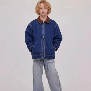 2026 Custom ODM/OEM Boy's Winter Water-Resistant Breathable Denim Jacket Stone Washed Brown with Plaid Collar