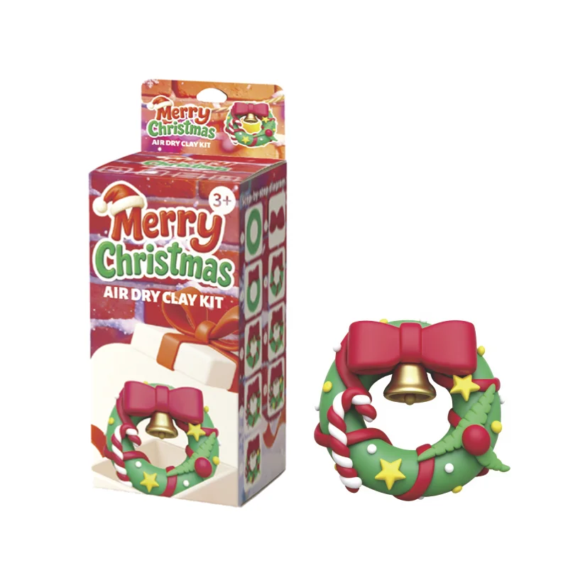 子供向けクリスマスリースエアドライクレイキット—無毒造形用クレイセット（ベル装飾付き、クレイ6個＋ツール付）