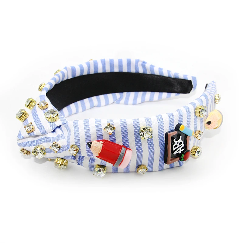 Shenglan 2023 New Arrival Back To School Headbands Blue Striped Cotton