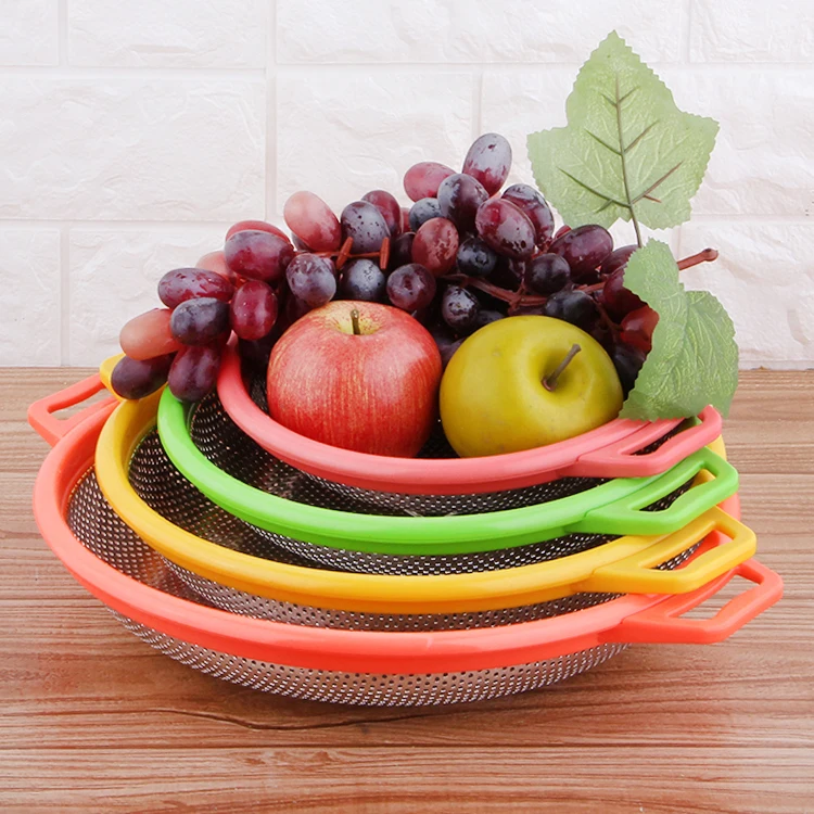 Factory Prices Colorful Stainless Steel Washing Rice Sieve Colanders  Kitchen Colander Strainer With PP Handle_0