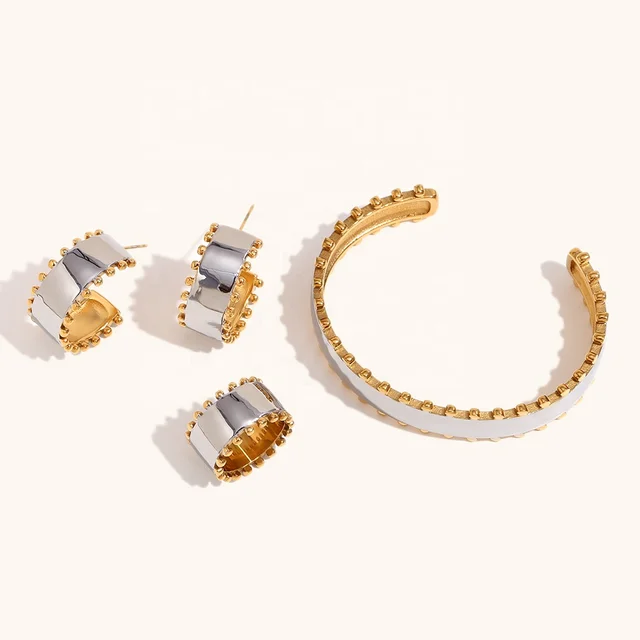 Dingran New Fashion 2024 Design Stainless Steel Gold Plated Bead Glossy Bangle & Earring & Ring Set