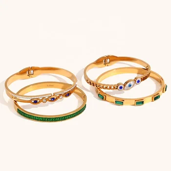 Dingran New Design Evil Eye Clasp Bangle Set 18K PVD Gold Plated Stainless Steel Zircon Jewelry