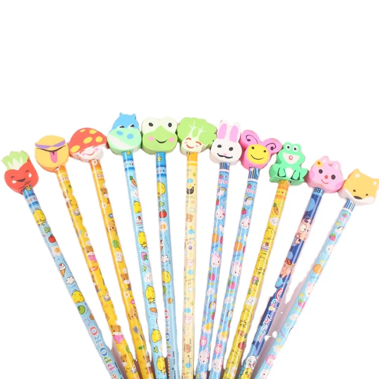 Low Moq Custom Engraved Printed Round Wooden Pencil With Animal Eraser Kawaii Kids Fancy Cartoon Pencils Sets for Children