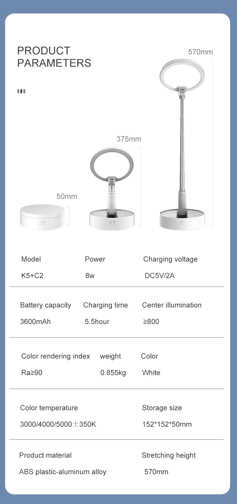 Live Video Recording LED Ring Light Adjustable Phone Stand Selfie Fill Light Foldable Desktop Lamps 3600mAh Battery