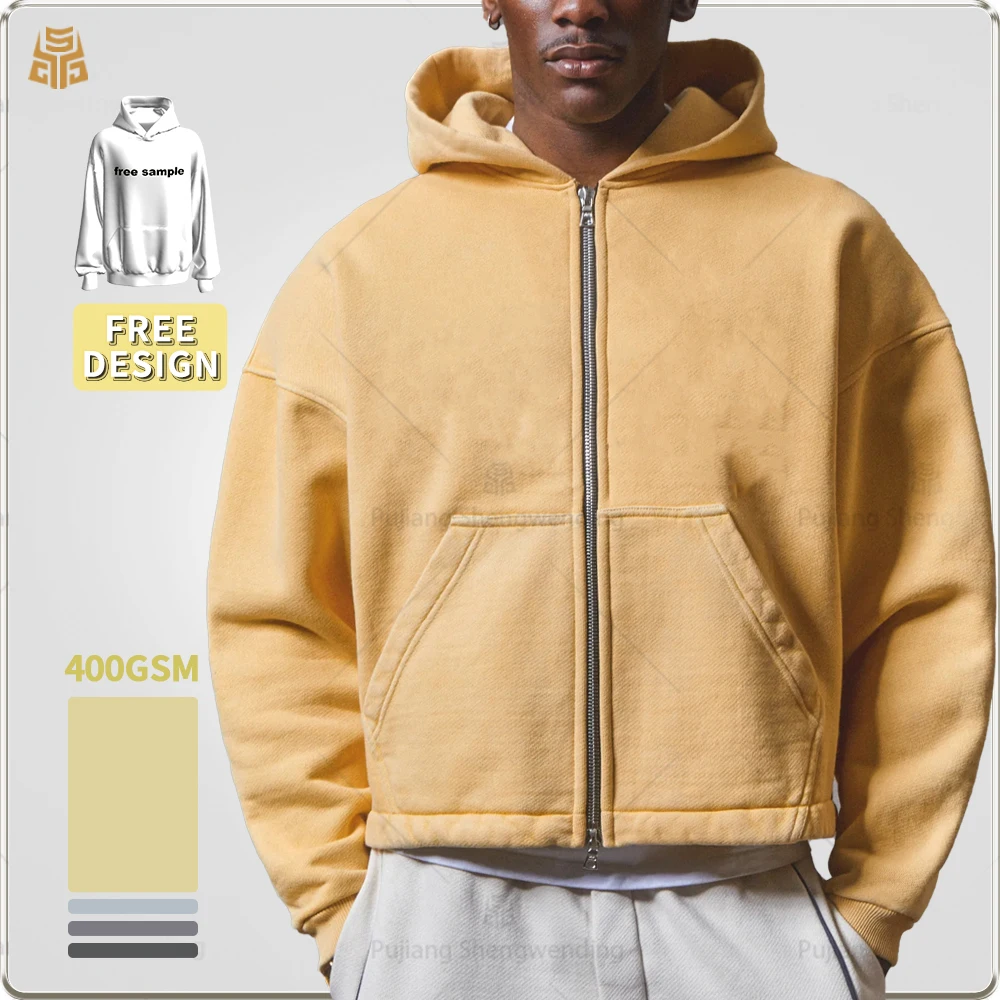 sweat-shirts surdimensionnés 400 g/m² avec logo personnalisé, à fermeture éclair, style vintage lavé, coupe courte, pour hommes, 100 % coton