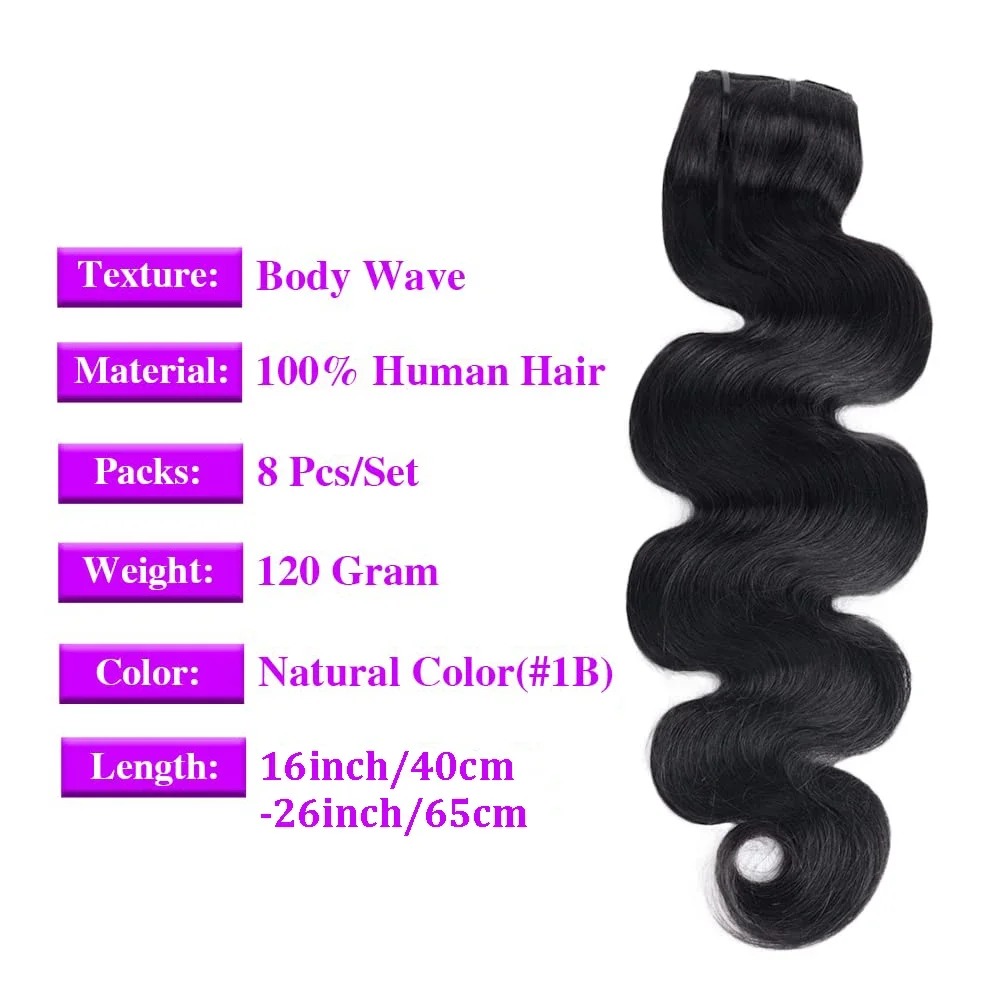 Body Wave Clip-In-Haarverlängerungen Nr. 1B, natürliche Farbe, Remy-Menschenhaar, 120 g, 8 Stück/Sets, Clip-In-Haarverlängerungen, 26 Zoll, für Frauen_voghion.com