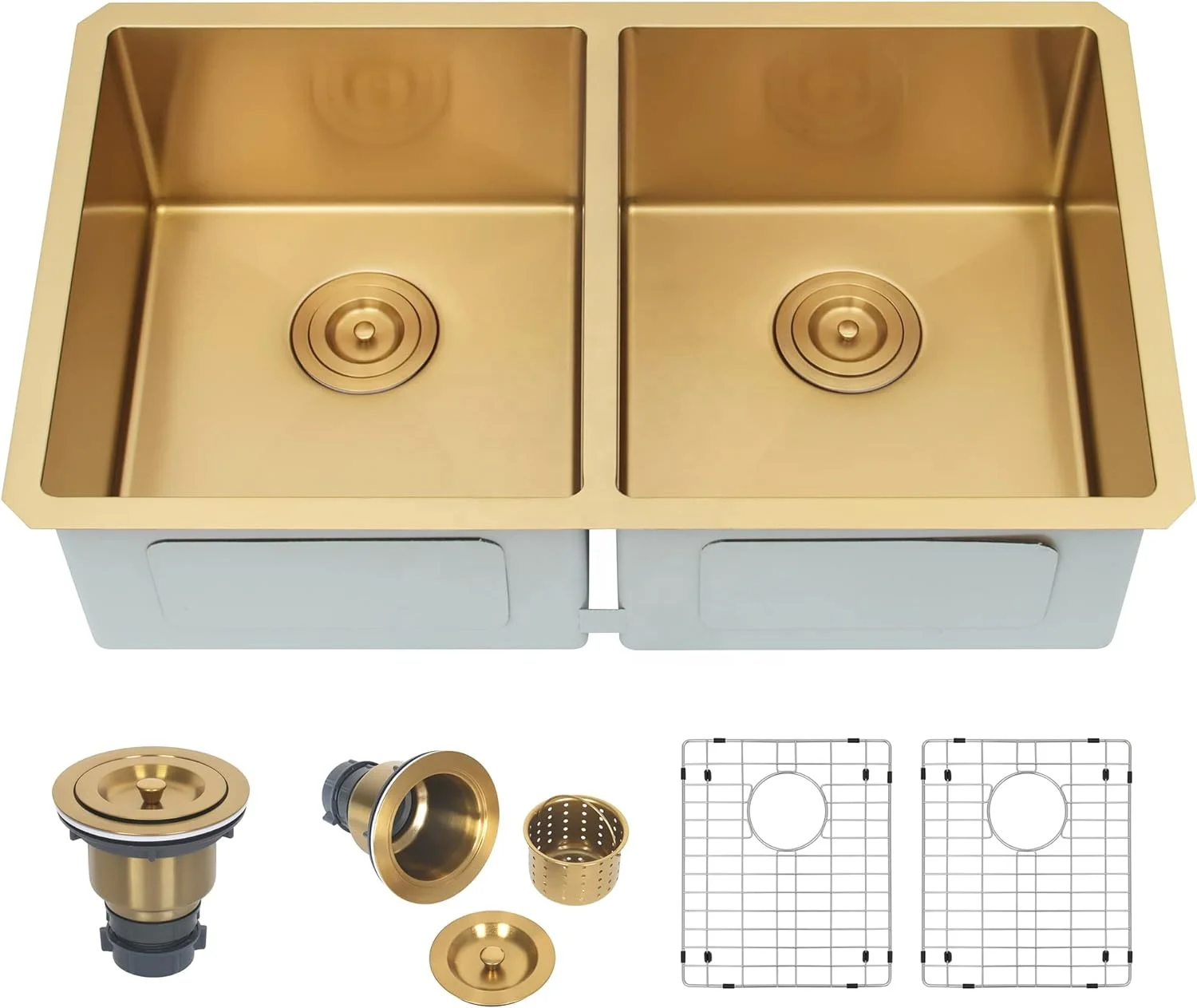 Undermount Kitchen Sink Double Bowl 31 Inch Gold Colour Stainless Steel Double Bowl Kitchen Sink with  Accessories