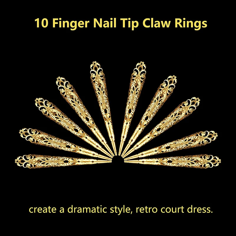 2022 New DIY 10pcs Luxury False Nails Press on Finger Nail Tip Claw Rings Ancient Queen Costume Fingertip Claw Nail Rings