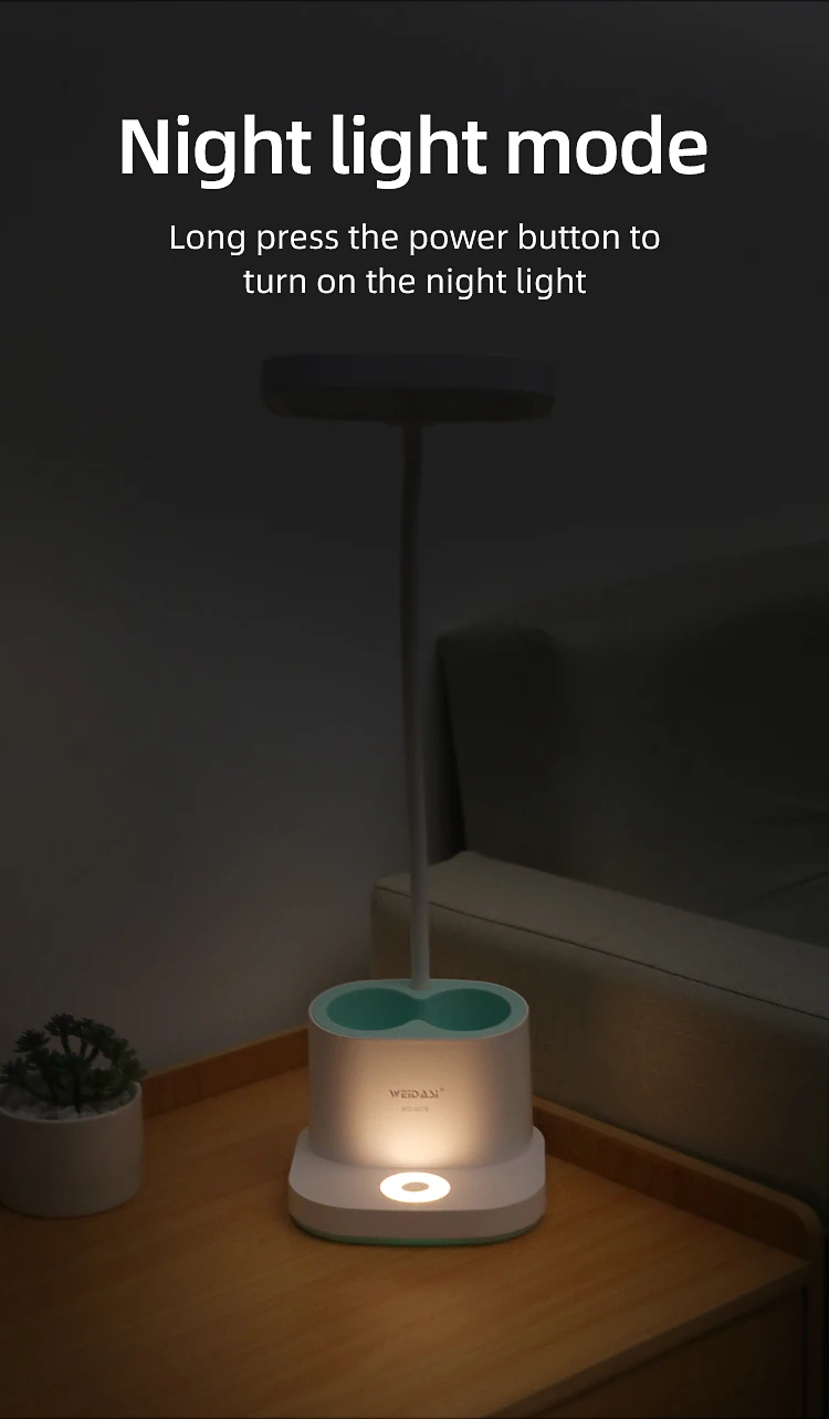Bright Rechargeable Student Table Lamp Portable Plastic Led Bed Side Reading Desk Lamp with Pencil Holder and USB