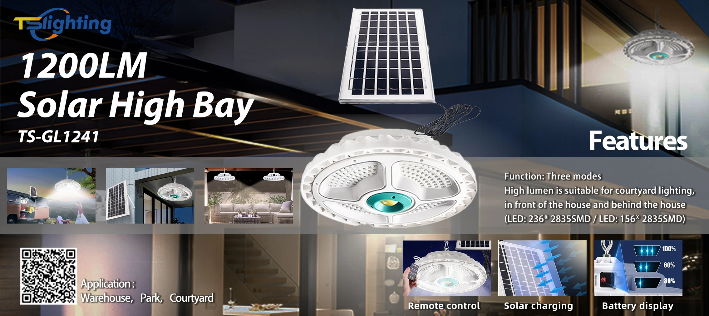 New Design IP55 Stock Solar Charging Light Highbay Warehouse Led Yard UFO Led Ceiling Light Outdoor High Bay Light factory