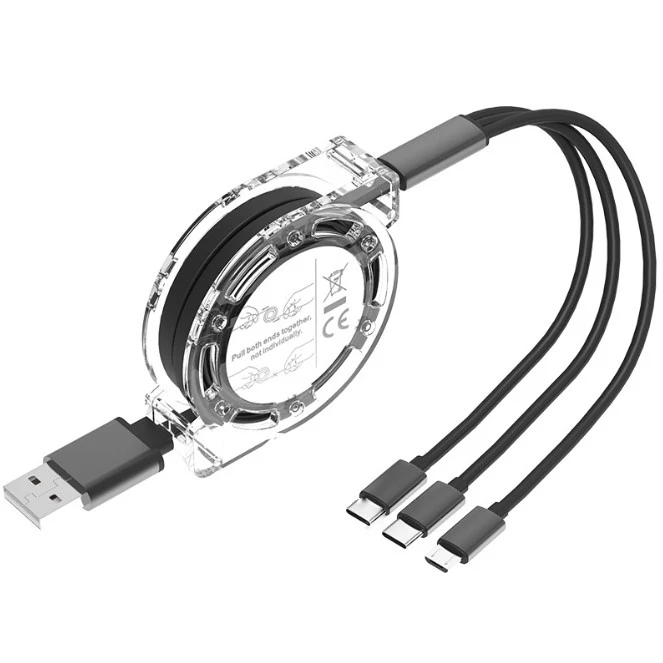 Custom Logo Universal Retractable 3 in 1 Multi Multiple 3in1 Usb Charging Charger Cable with Transparent Box