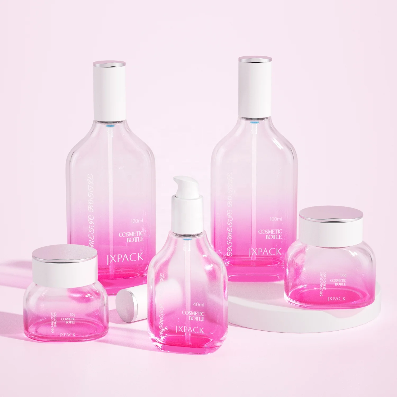 High Quality Custom Frosted 40ml 100ml 120ml  Glass Cream Jar Face Serum Lotion Bottles with Pump Cosmetic Glass Bottle Set
