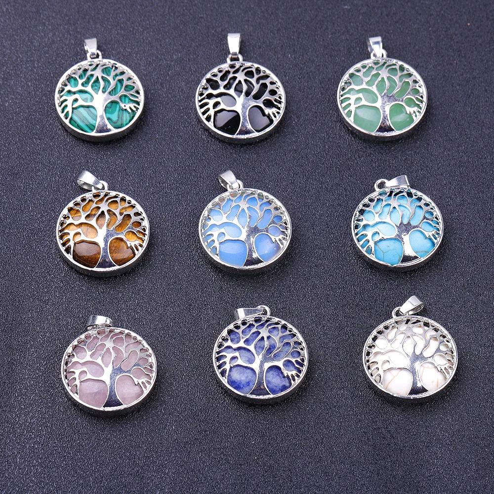 Natural Stone Tree of Life Crystal Pendant Alloy Tree of Life Necklace with Gemstone Rose Quartz Amethyst Tiger Eye Pendant