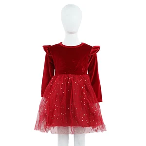 New Long-sleeved Girls Dress Children's Christmas Performance Costume Star Sequin Mesh Princess Skirt