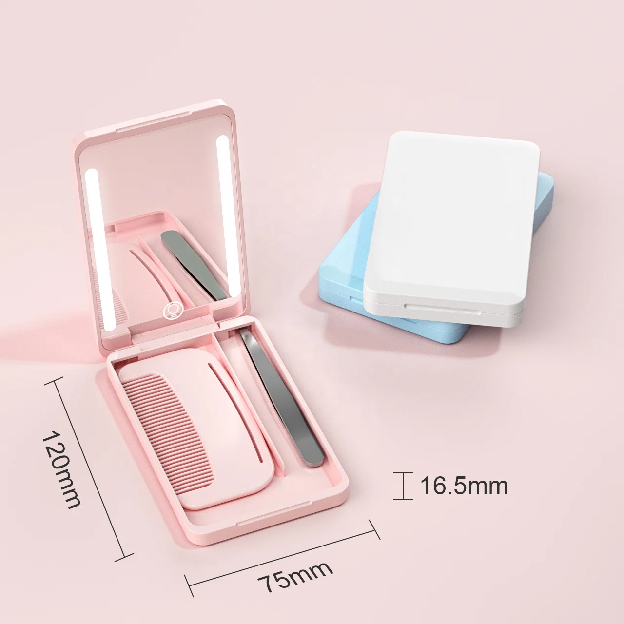 Logo Custom Portable Makeup Mirror With Hair Brush and Tweezer LED Rechargeable Makeup Mirror