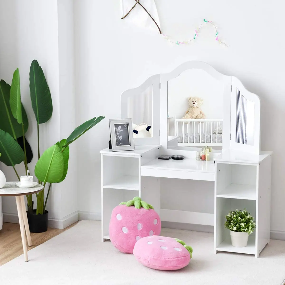 Multi Function Tri Folded Mirror Study Writing Table White Pink Wood Kids Dressing Table For Girls Buy Anak Anak Meja Rias