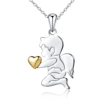 Jewelry Wholesale Two Tone 925 Sterling Silver Cupid Golden Heart Guardian Angel Wing Pendant Necklace for Women