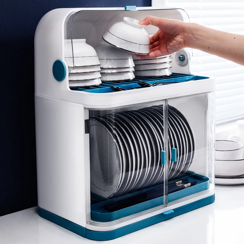 Multifunction Simple Dish Bowl Rack Plastic Organizer Box Cutlery Kitchen Storage With Transparent Cover