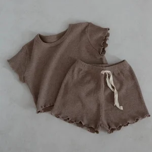 Wholesale Summer Clothes Toddler Lettuce Edge Waffle Short Sleeve Top and Shorts Set 2 Piece Kids Girls Shorts Set