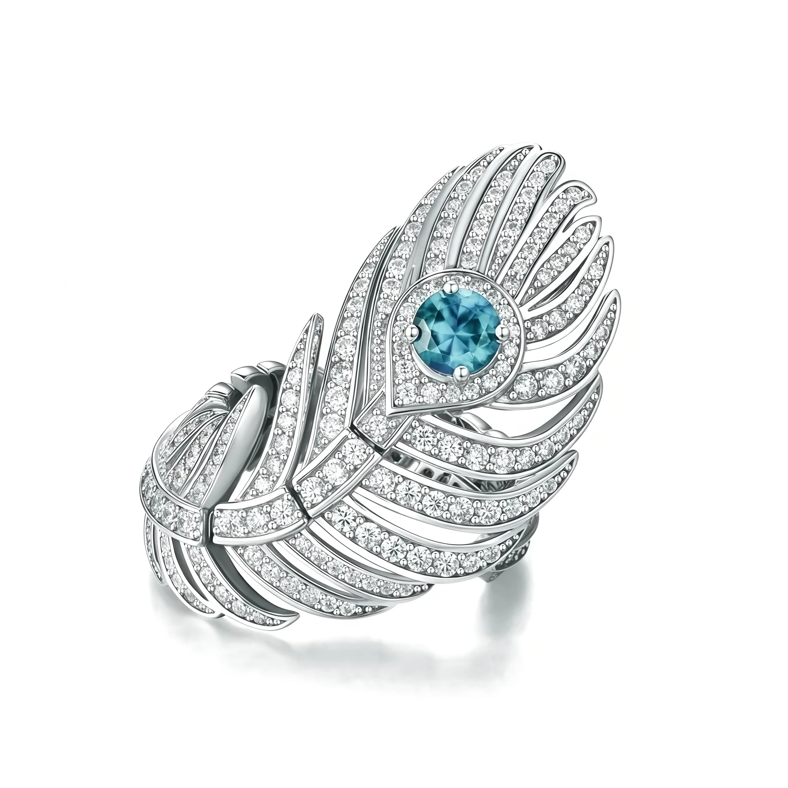 MUSHAN Jewelry Factory Adjustable Open Feather Shape 925 Sterling Silver Rings Engagement Band High Carbon Diamond Sapphire Ring