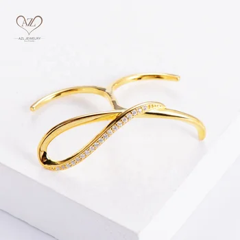 Aizhilin bague plaque or statement jewelry gold plated zircon brass silver double finger ring for women