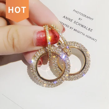 Trendy Fashion Jewelry Gold Plated Elegant Diamond Women Shiny Drop Double Hoop Circle Rhinestone Earrings