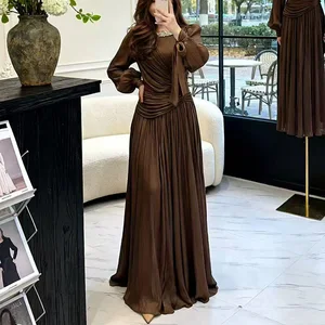 Factory Wholesale Designer Fashion Long Dress Women New Full Lantern Sleeve Luxury Diamonds Ruffles Pleated Elegant Party Dress