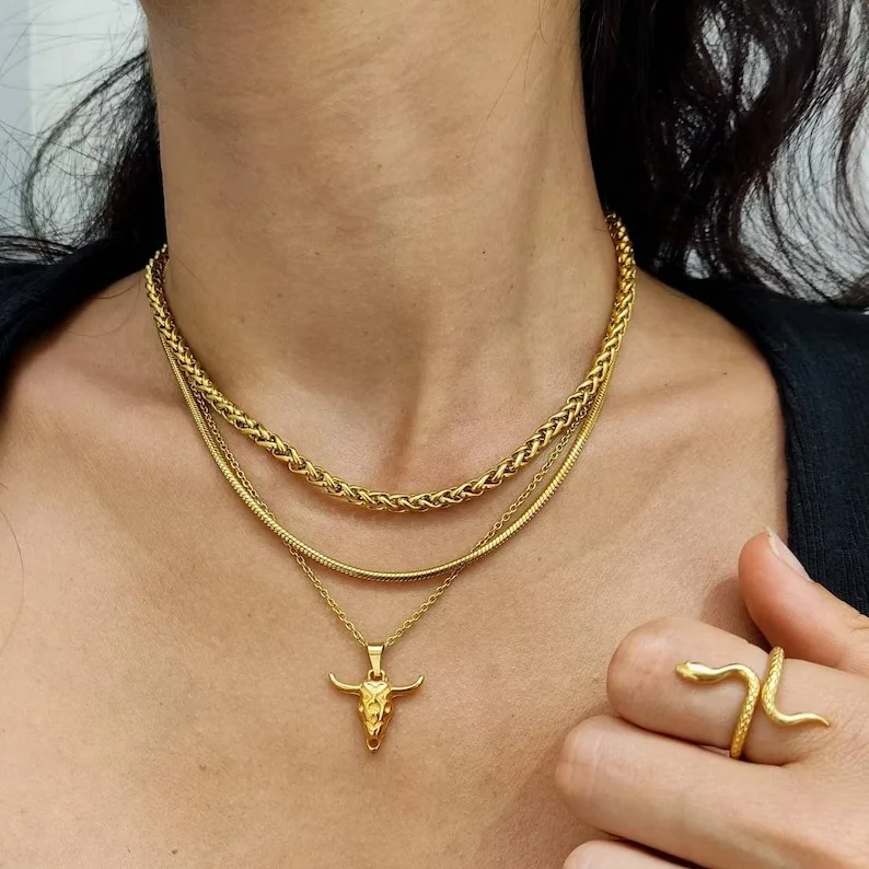 Non Tarnish Bull Skull Necklace Fine Necklace Jewelry Gold Silver Chain  Chunky Choker Cow Skull Statement Necklace