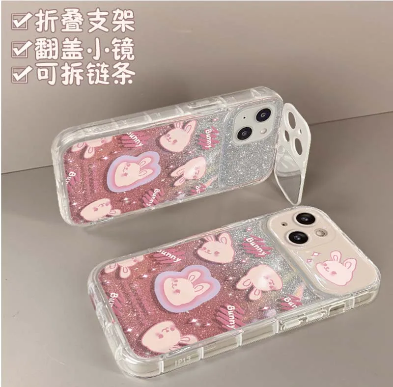 Cute Rabbit Fold Mirror Camera Stand With Bracelet TPU Mobile Phone Cover Case for Iphone 17 8 X Xr Xs 11 12 13 14 15 16 Pro Max