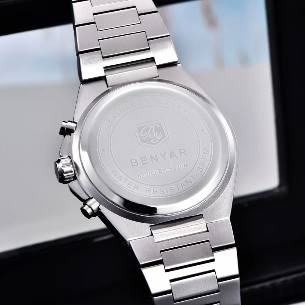 BENYAR 5220 Classic Business Watch Quartz Stainless Steel Waterproof Watch Multi Functional Moon Phase Dial Watches for Man