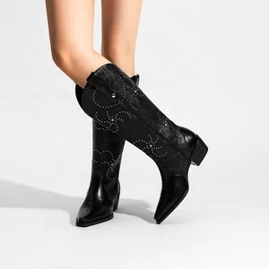 Optimal Summer Winter Western Cowboy Boots Rhinestone Embroidery Customizable Knee-High Pointed Toe Block Heel Direct OEM ODM