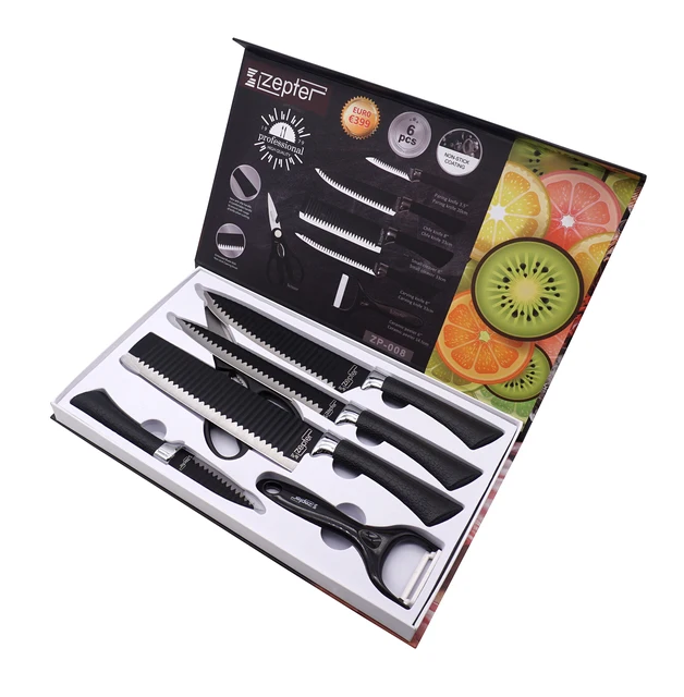 Factory Supply Directly Black Non-stick Knives Set of 6pcs Kitchen Knives Set Kitchen Tools With Crinkle Blade