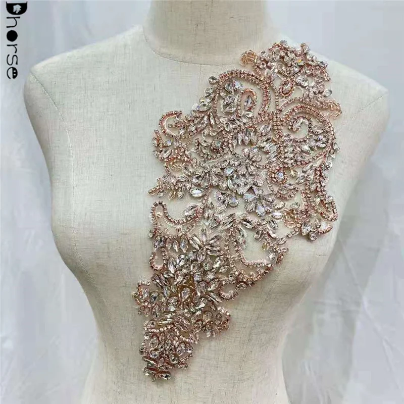 Hot Sell Bodice Rose Gold Rhinestone Beaded Lace Appliques For Dress ...