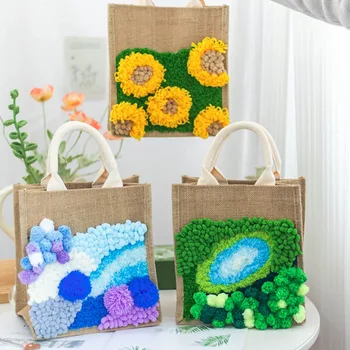 Personalized Linen Rag Flower DIY Bag Punch Needle Embroidery Kit for Beginners Women Shopping Bag Textile & Fabric Crafts