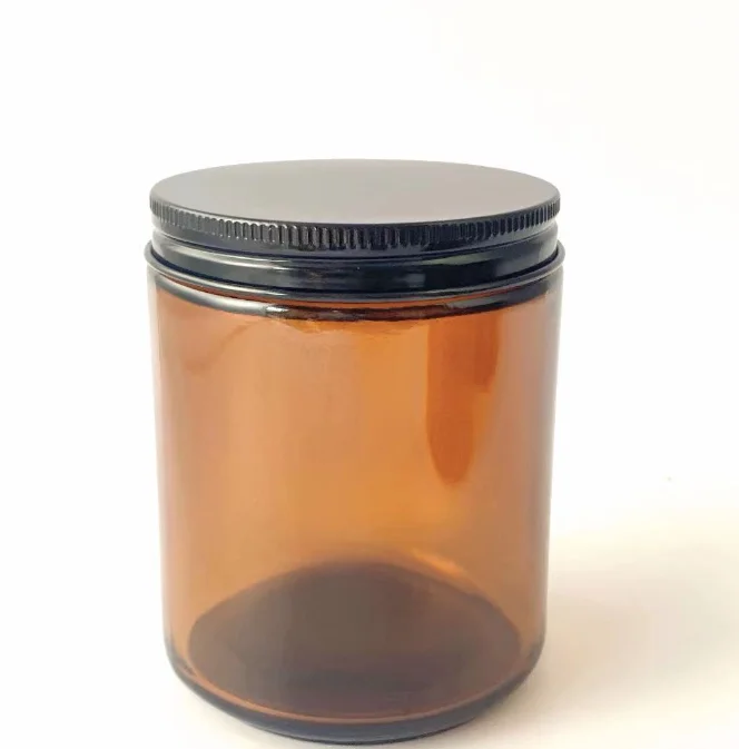 8 OZ Thick Amber Round Glass Jars with Black Metal Lids Empty Candle ...