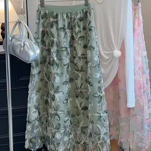 Women's Summer Floral A-Line Mesh Skirt Long Romantic Casual Style Elastic Waist Natural Breathable Anti-Static Ruffles