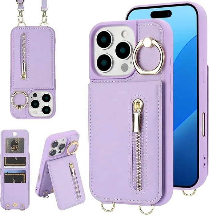 Laudtec Crossbody Wallet Case for iPhone 16 Pro Lanyard Strap Card Holder Ring Kickstand Magnetic Flip Folio Zipper Purse Case