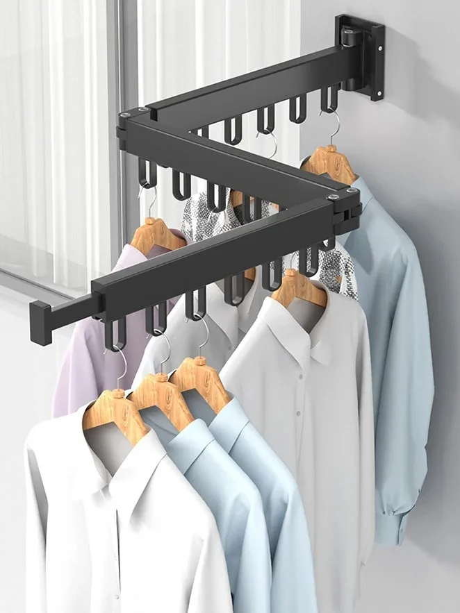 Folding Clothes Hanger Wall Mount Retractable Cloth Drying Rack Space Saving Aluminum Home Laundry Clothesline washing lines