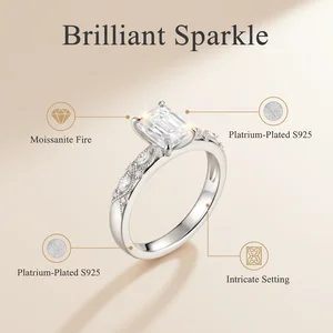 Women's Engagement Wedding Custom Jewelry Shiny Emerald-cut Moissanite Rings Fine S925 Sterling Silver Platinum Plated Rings