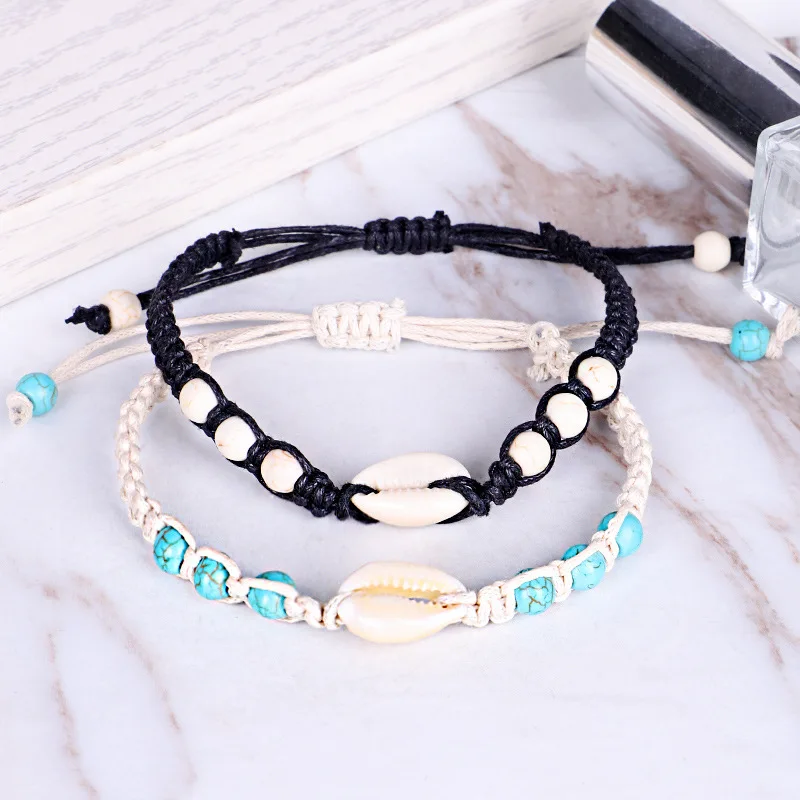 Bohemia Style Natural Sea Beach Shells Stone Woven Beads Handmade Yoga Adjustable Black White Couple Bracelets Jewelry