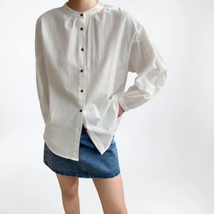 Custom Women's 100% Cotton White Long Sleeve Blouse with Stand Collar and Button Detail