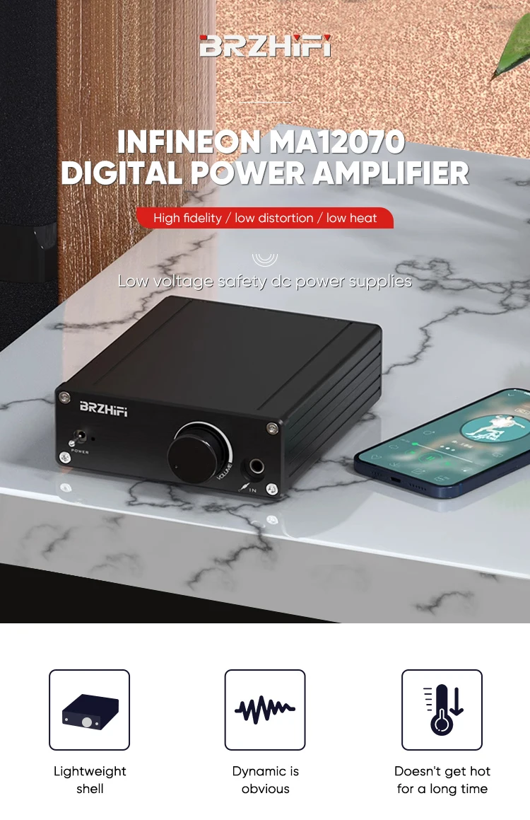 BRZHIFI MA12070 110db 18-25khz Aluminum 2.0 channel Mini Size 80W*2 HiFi Digital Amplifier factory