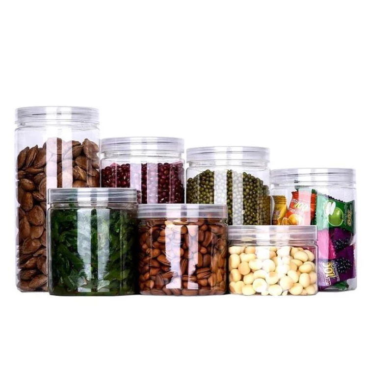 Reusable Clear Plastic Round Jars Wide Mouth Food Containers with Silver Metal Lids for DIY Cookies and Kitchen Supplies Storage