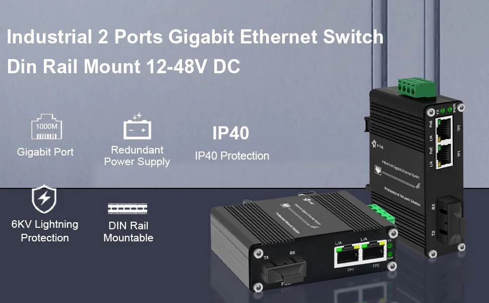 Mini Industrial Media Converter 2-Port Gigabit to 1 SFP Fiber 12-48VDC Wide Temperature
