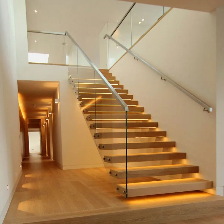 Fantastic Customized Design Luxury LED Lights Carbon Steel Beam 80mm Solid Wood Step Floating Stairs with Glass/Cable Railing